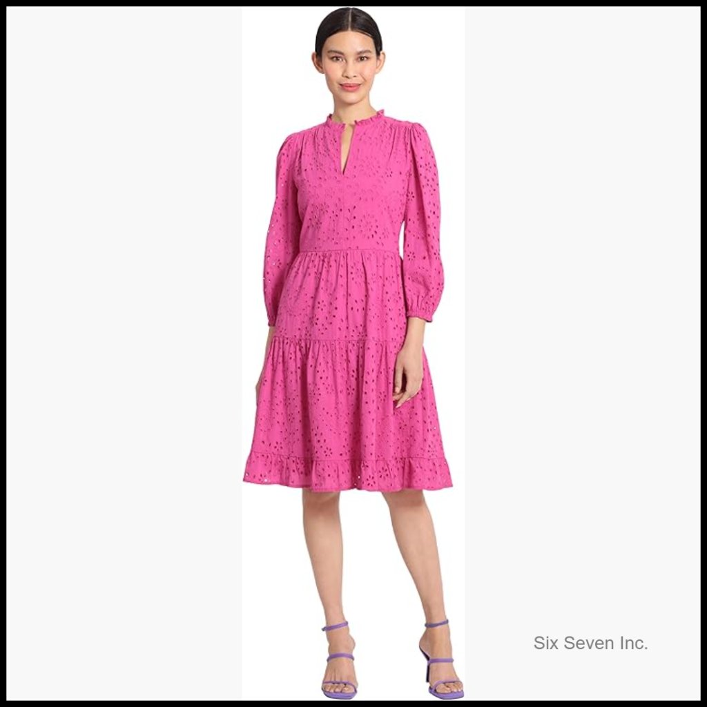 Cotton Eyelet Dress With Tiered Skirt And Ruffle Mock Neck